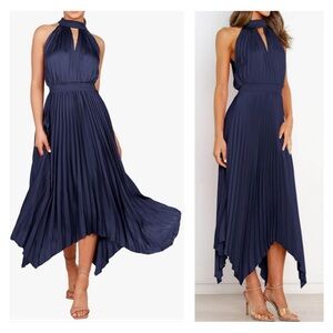 Blue Sleeveless Pleated Skirt Asymmetrical Hem Satin Look Midi Dress